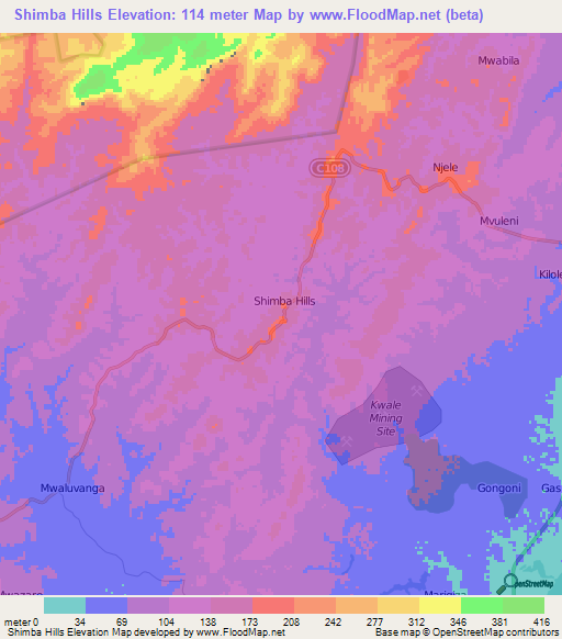 Shimba Hills,Kenya Elevation Map