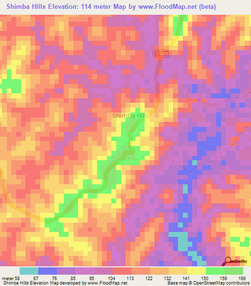 Shimba Hills,Kenya Elevation Map