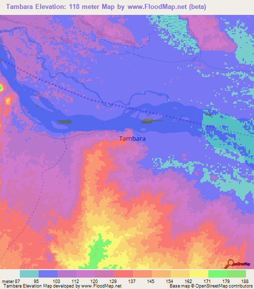 Tambara,Mozambique Elevation Map