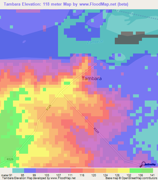 Tambara,Mozambique Elevation Map
