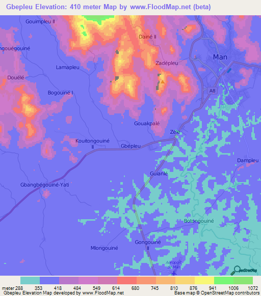 Gbepleu,Ivory Coast Elevation Map