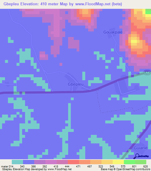 Gbepleu,Ivory Coast Elevation Map