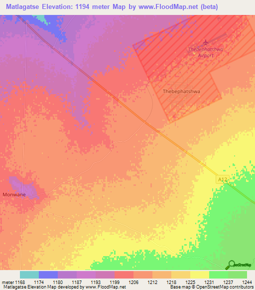 Matlagatse,Botswana Elevation Map