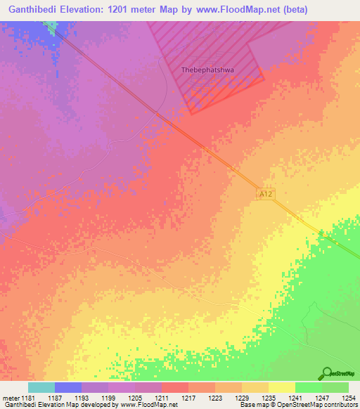Ganthibedi,Botswana Elevation Map