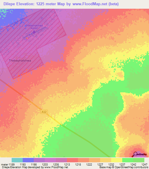 Dilepe,Botswana Elevation Map