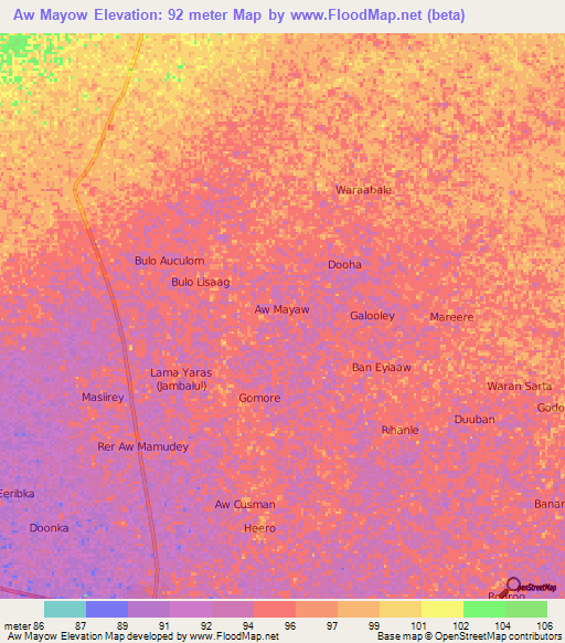 Aw Mayow,Somalia Elevation Map