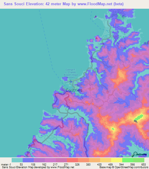 Sans Souci,Saint Lucia Elevation Map