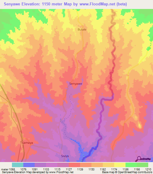 Senyawe,Botswana Elevation Map