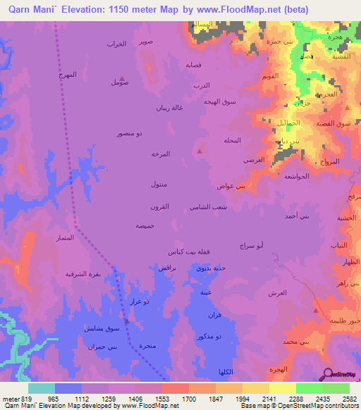 Qarn Mani`,Yemen Elevation Map