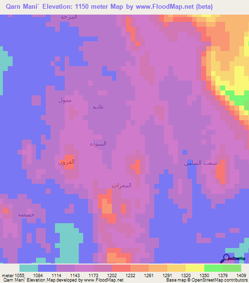 Qarn Mani`,Yemen Elevation Map