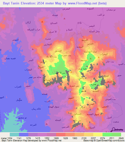 Bayt Tanin,Yemen Elevation Map