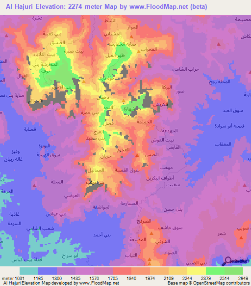 Al Hajuri,Yemen Elevation Map