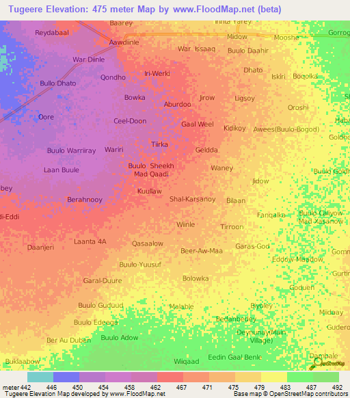 Tugeere,Somalia Elevation Map