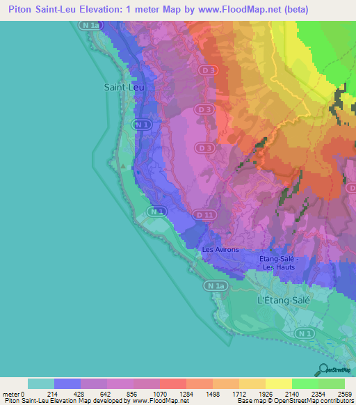 Piton Saint-Leu,Reunion Elevation Map