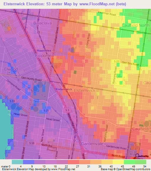 Elsternwick,Australia Elevation Map