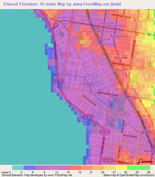 Elwood,Australia Elevation Map