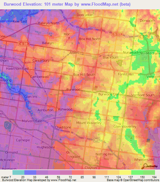 Burwood,Australia Elevation Map