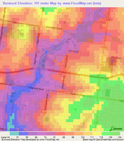 Burwood,Australia Elevation Map