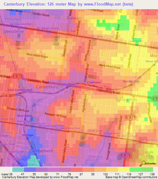 Canterbury,Australia Elevation Map