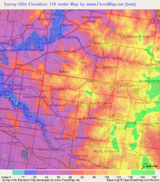 Surrey Hills,Australia Elevation Map