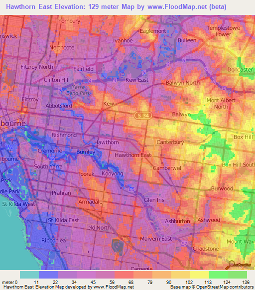 Hawthorn East,Australia Elevation Map