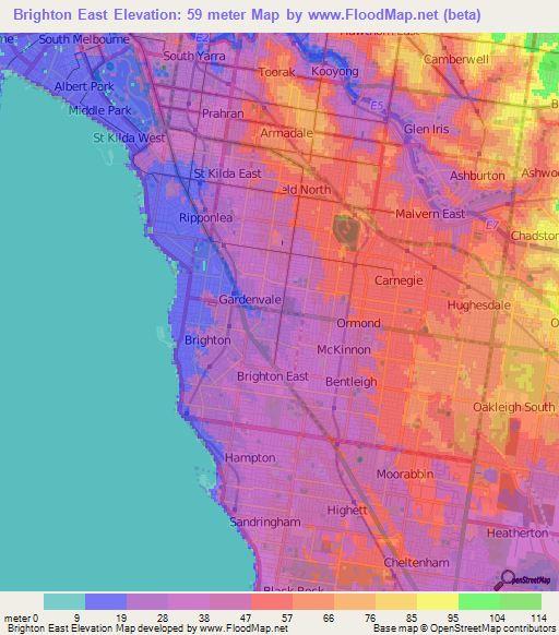Brighton East,Australia Elevation Map