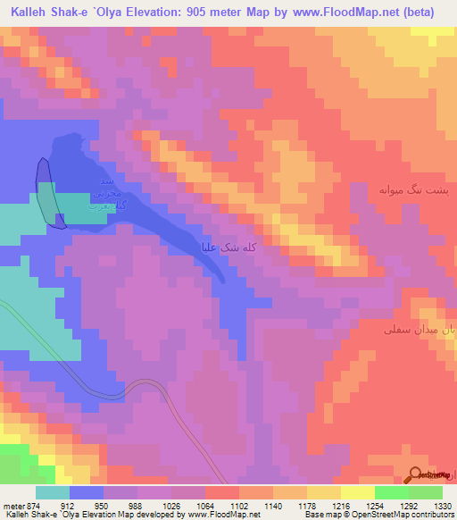 Kalleh Shak-e `Olya,Iran Elevation Map