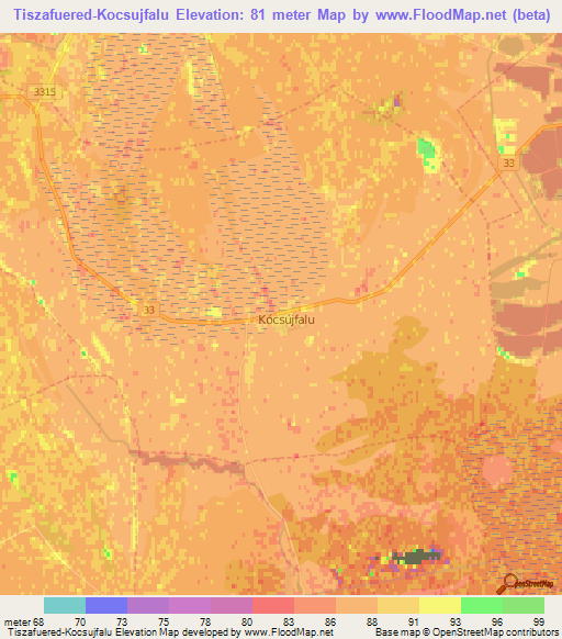 Tiszafuered-Kocsujfalu,Hungary Elevation Map