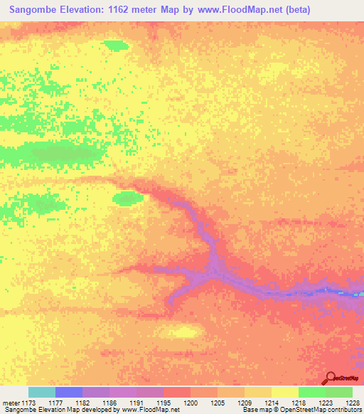 Sangombe,Angola Elevation Map
