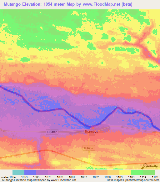 Mutango,Angola Elevation Map