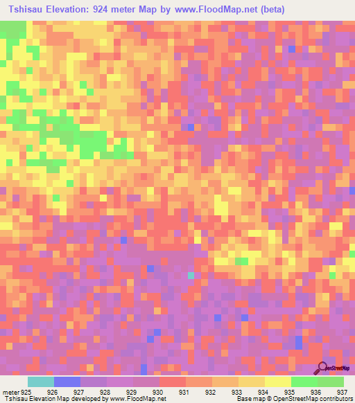 Tshisau,Namibia Elevation Map