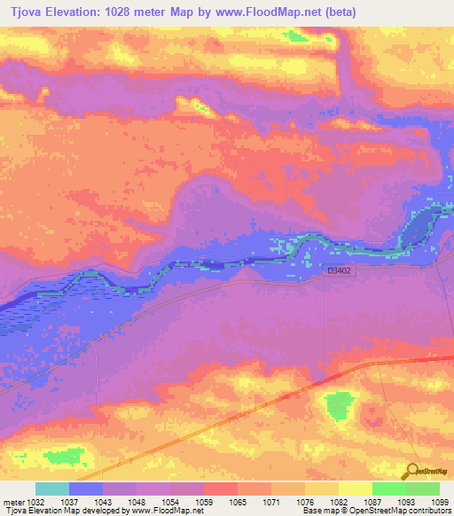 Tjova,Namibia Elevation Map