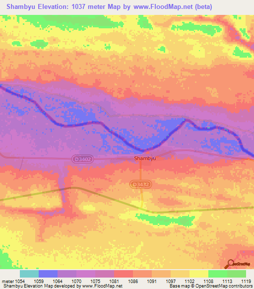Shambyu,Namibia Elevation Map