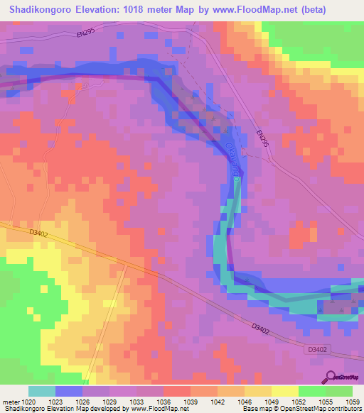 Shadikongoro,Namibia Elevation Map