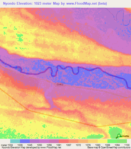 Nyondo,Namibia Elevation Map