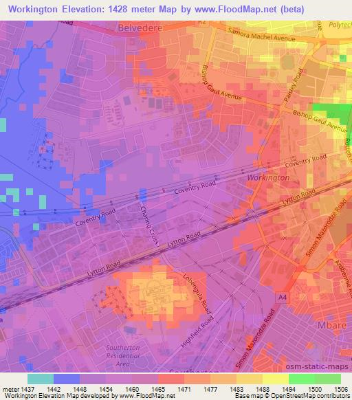 Workington,Zimbabwe Elevation Map