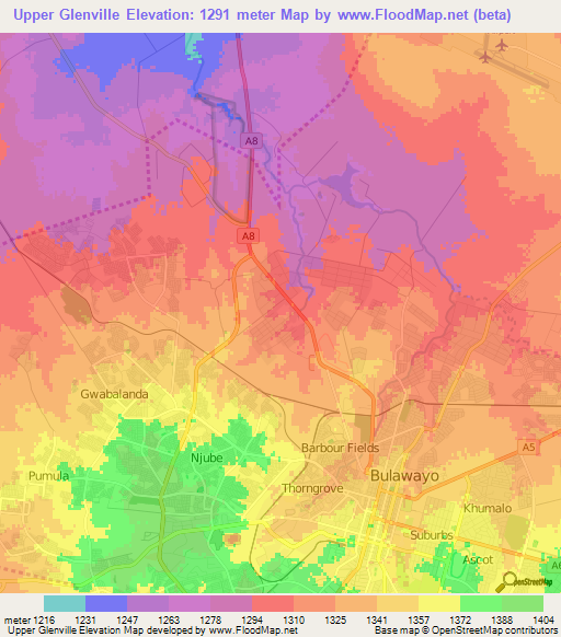 Upper Glenville,Zimbabwe Elevation Map