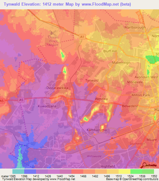 Tynwald,Zimbabwe Elevation Map