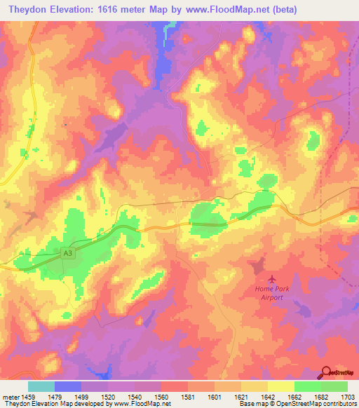 Theydon,Zimbabwe Elevation Map