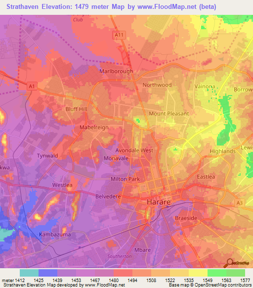 Strathaven,Zimbabwe Elevation Map