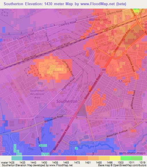 Southerton,Zimbabwe Elevation Map