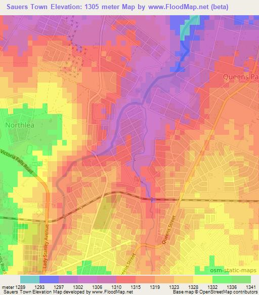 Sauers Town,Zimbabwe Elevation Map