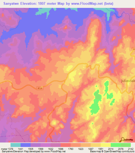 Sanyatwe,Zimbabwe Elevation Map