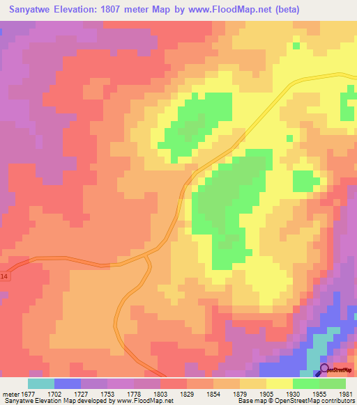 Sanyatwe,Zimbabwe Elevation Map