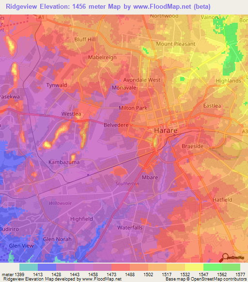 Ridgeview,Zimbabwe Elevation Map