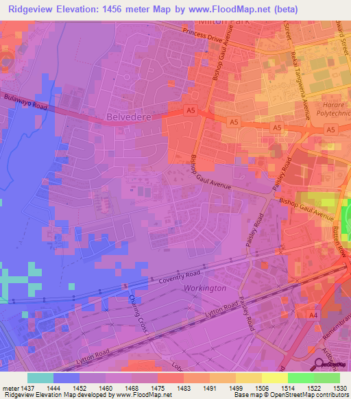 Ridgeview,Zimbabwe Elevation Map