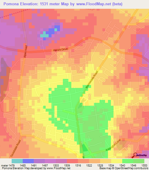 Pomona,Zimbabwe Elevation Map
