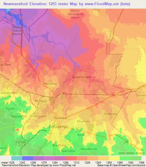 Newmansford,Zimbabwe Elevation Map