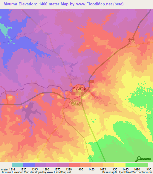 Mvuma,Zimbabwe Elevation Map