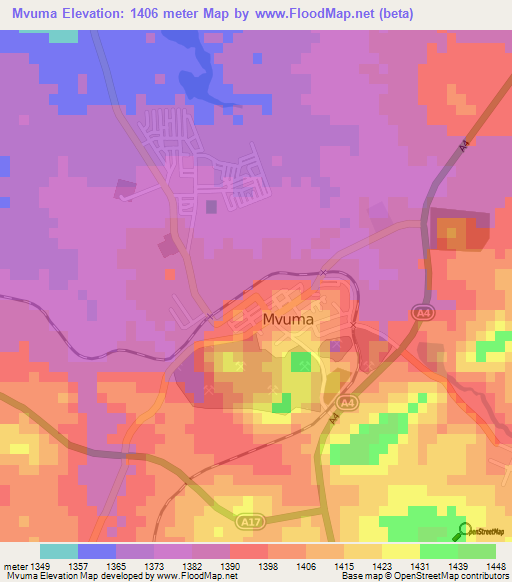 Mvuma,Zimbabwe Elevation Map